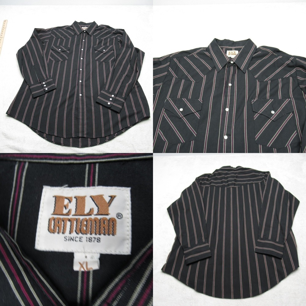Ely Cattleman Pearl Snap Shirt Mens XL Black Striped Long Sleeve Western VTG